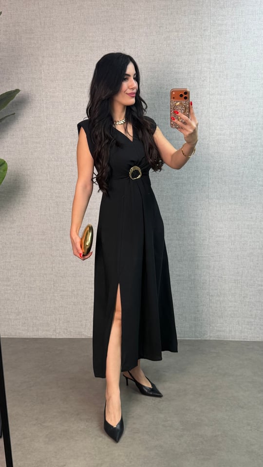 Enya Siyah Vatkalı Gold Tokalı Crep Elbise