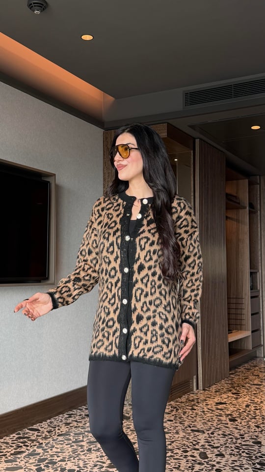 Joly Kahverengi Leopar Desenli Hırka