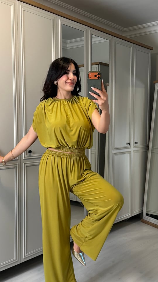 Leda Yağ Yeşili Pliseli Omuz Detaylı İkili Takım