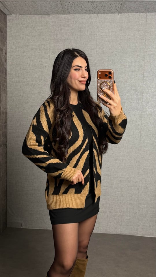 Lis Kahverengi Zebra Desen Hırka