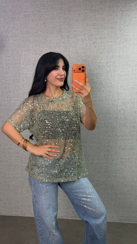Lope Yeşil Pullu File Bluz