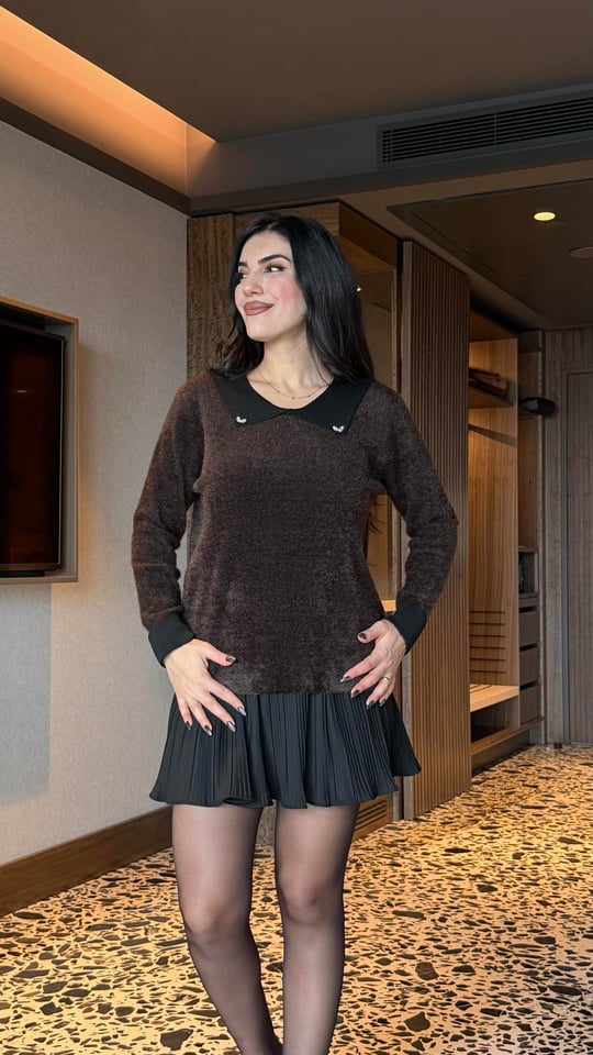Lotta Kahverengi Yakalı Taş detaylı Sakallı Bluz
