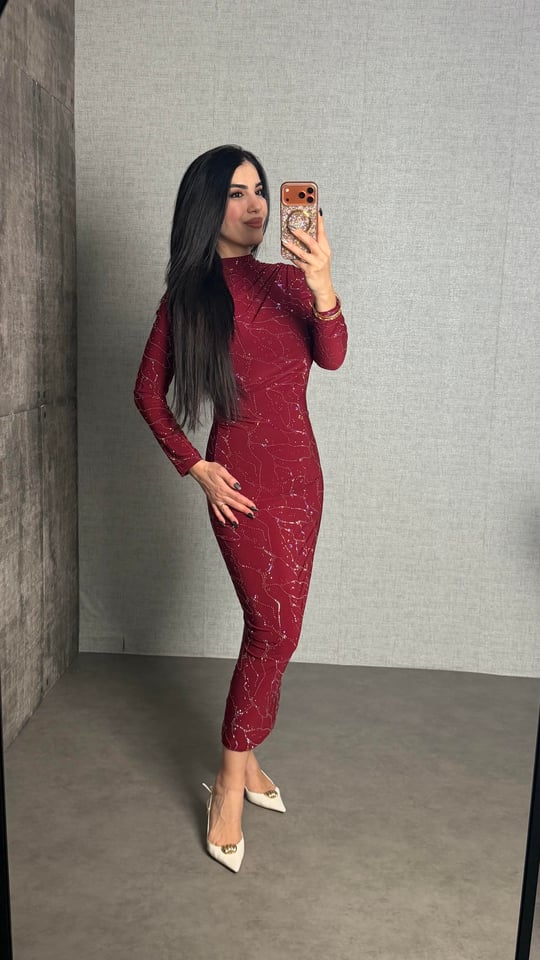 Lumi Bordo Sandy Taşlı Elbise