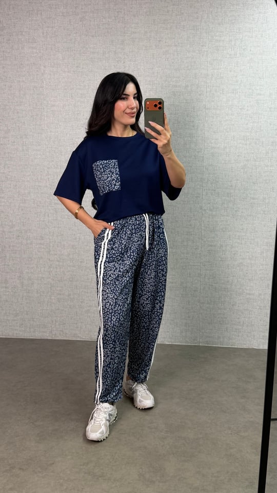 Milana Lacivert Leopar Desenli Şeritli  İkili Takım