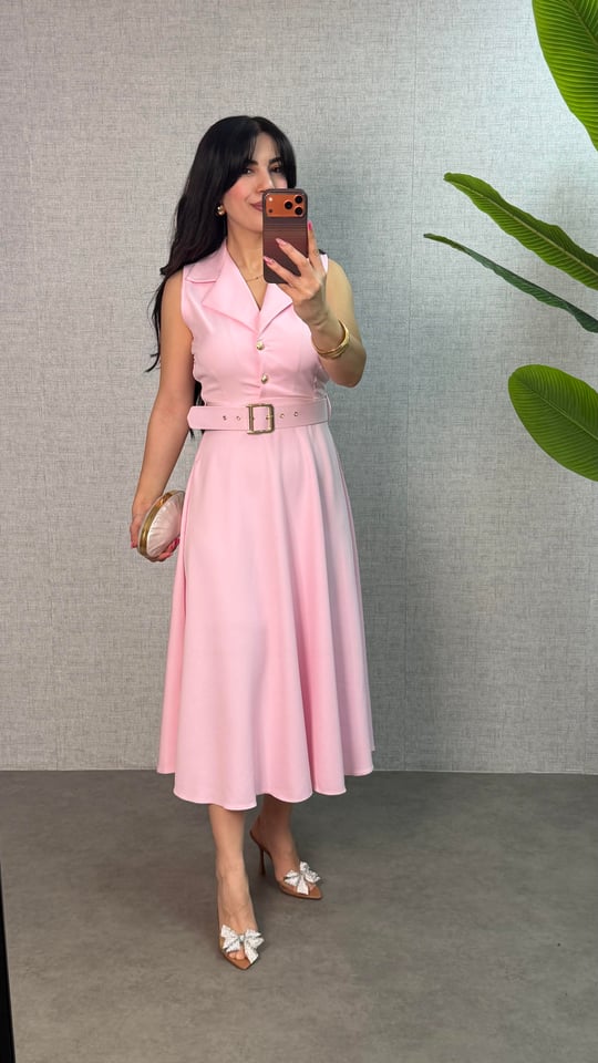 Noa Pembe Yakalı Kemerli Elbise