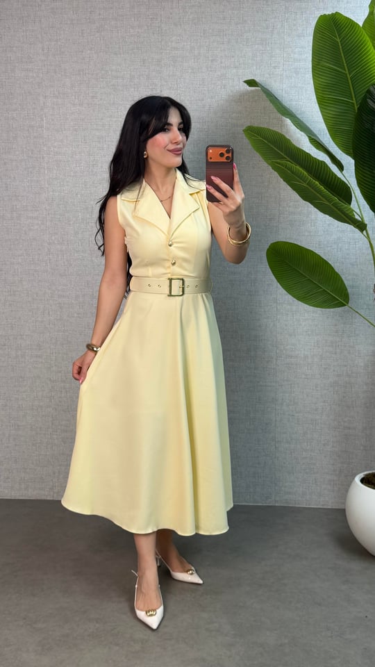 Noa Sarı Yakalı Kemerli Elbise