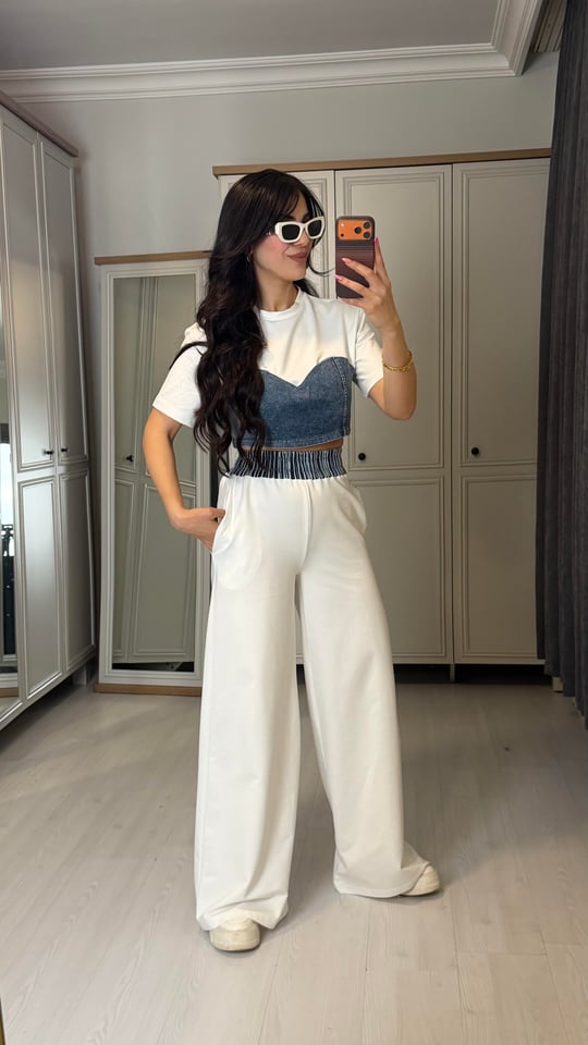 Noca Premium Beyaz Denim Detaylı İkili Takım