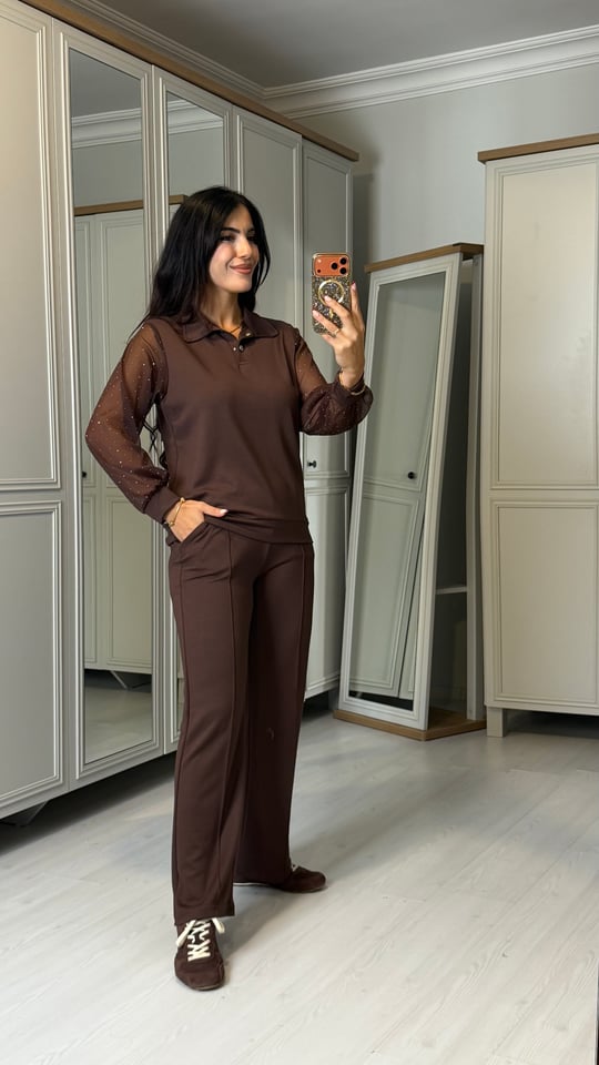 Rayen Kahverengi Kolları Taşlı Tül Detaylı İkili Takım