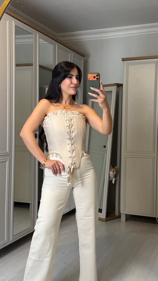 Verona Krem rengi Taşlı Korse Bluz