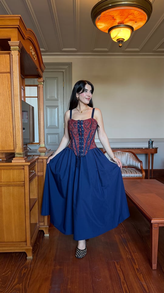 Verona Lacivert Beli Lastikli Poplin Etek