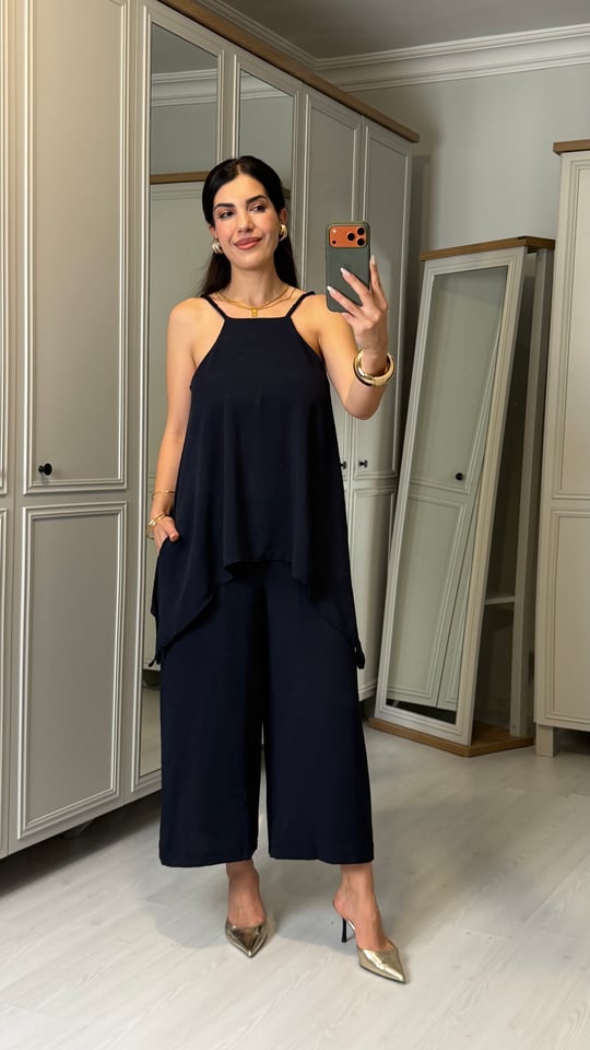 Virca Lacivert Askılı Bluz Detaylı Tulum