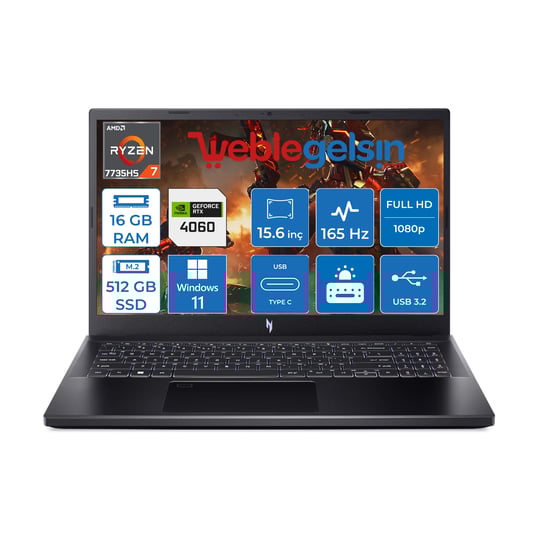 Acer Nitro V15 ANV15-41 Amd Ryzen7 7735HS 16GB DDR5 Ram 512GB SSD Windows 11 Home 15.6 Inç Fhd 165Hz 8gb RTX4060 Taşınabilir Bilgisayar NHQSFEY00317