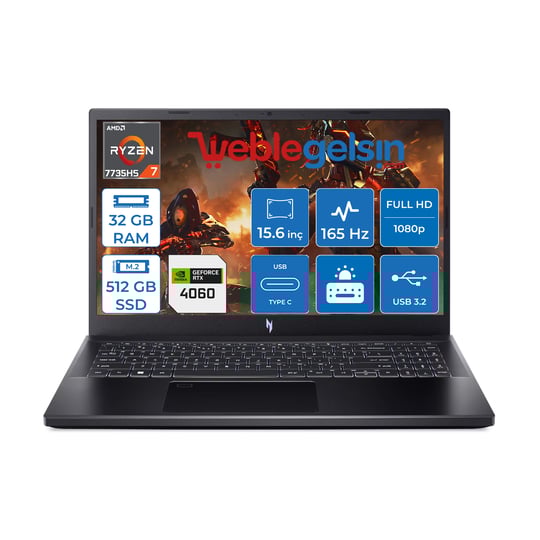 Acer Nitro V15 ANV15-41 Amd Ryzen7 7735HS 32GB DDR5 Ram 512GB SSD Freedos 15.6 Inç Fhd 165Hz 8gb RTX4060 Taşınabilir Bilgisayar NHQSFEY00305