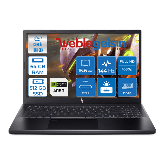 Acer Nitro V15 ANV15-51-57XV Intel Core I5 13420H DDR5 64GB 512GB SSD RTX4050-6GB Freedos  144HZ Fhd Taşınabilir Bilgisayar NHQNBEYF07