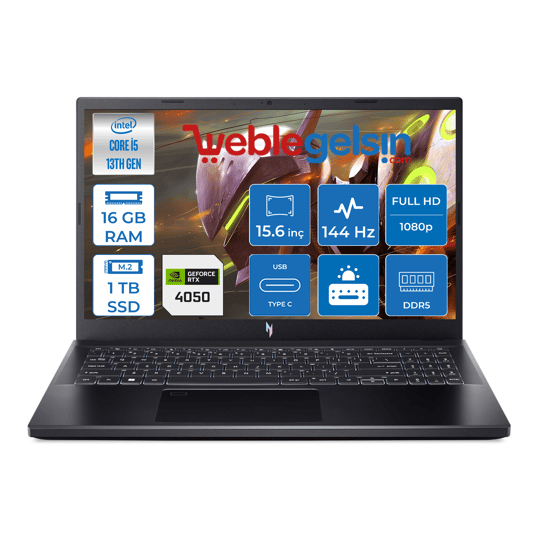 Acer Nitro V15 ANV15-51-57XV Intel Core I5 13420H DDR5 16GB 1TB SSD RTX4050-6GB Freedos  144HZ Fhd Taşınabilir Bilgisayar NHQNBEYF02