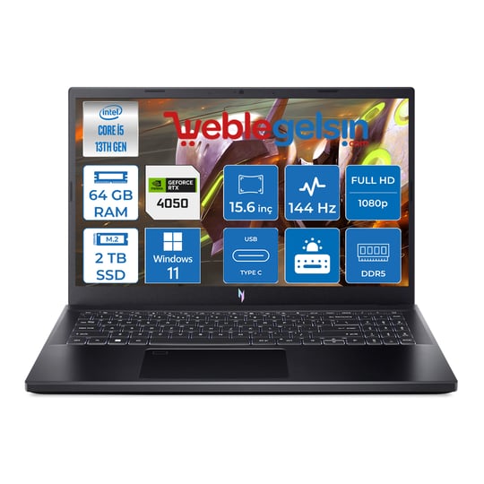 Acer Nitro V15 ANV15-51-57XV Intel Core I5 13420H DDR5 64GB 2TB SSD RTX4050-6GB Windows 11 Pro  144HZ Fhd Taşınabilir Bilgisayar NHQNBEYP09