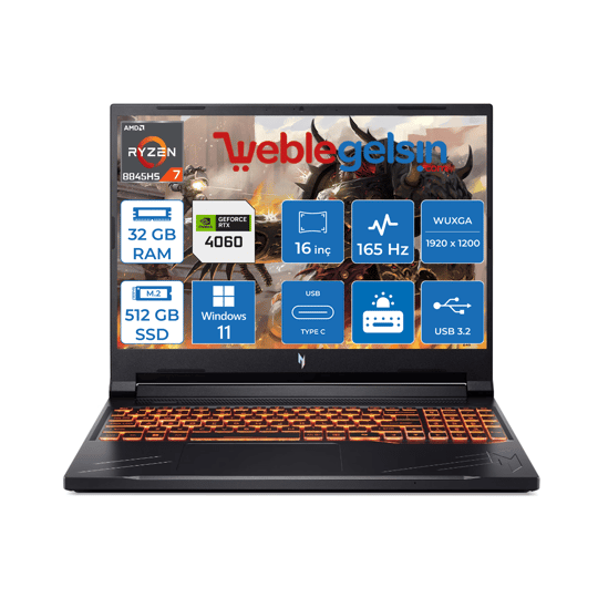 Acer Nitro V16 ANV16-41 Amd R7 8845HS Aı 32GB DDR5 512GB SSD 8GB/RTX4060 Windows 11 Pro 16