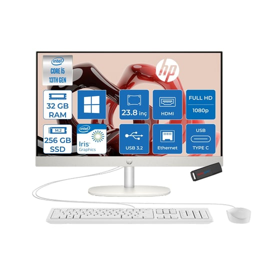 HPAll in One PCHp Proone 240 G10 Intel Core I5 1335U 32GB 256GB SSD 23.8 Fhd IPS Windows 11 Home Beyaz All In One Bilgisayar 6623Z2ET21