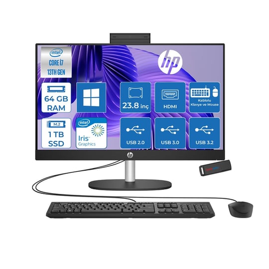 HPAll in One PCHp Proone 240 G10 Intel Core I7 1355U 64GB 1TB SSD 23.8 Fhd IPS Windows 11 Home All In One Bilgisayar 88T2W7ESW23