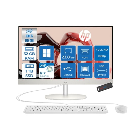 HPAll in One PCHp Proone 240 G10 Intel Core I5 1335U 32GB 1TB SSD 23.8 Fhd IPS Windows 11 Home Beyaz All In One Bilgisayar 6623Z2ET23