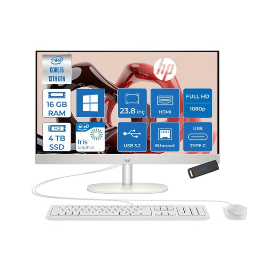 HPAll in One PCHp Proone 240 G10 Intel Core I5 1335U 16GB 4TB SSD 23.8 Fhd IPS Windows 11 Pro Beyaz All In One Bilgisayar 6623Z2ET35
