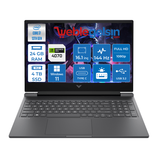 Hp Victus Gaming Laptop 16-R0071NT Intel I7 13700H 24GB DDR5 4TB SSD 8GB/RTX4070 Windows 11 Pro 16.1