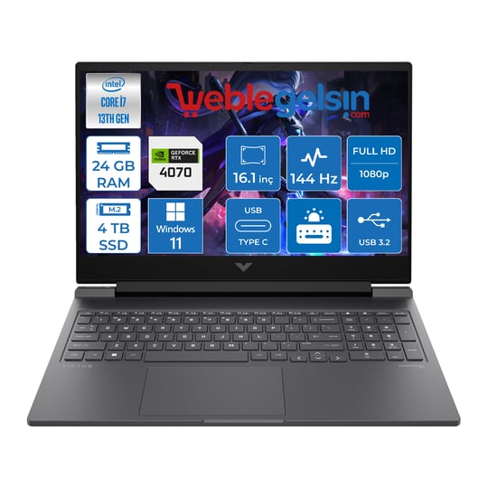 Hp Victus Gaming Laptop 16-R0071NT Intel I7 13700H 24GB DDR5 4TB SSD 8GB/RTX4070 Windows 11 Home 16.1