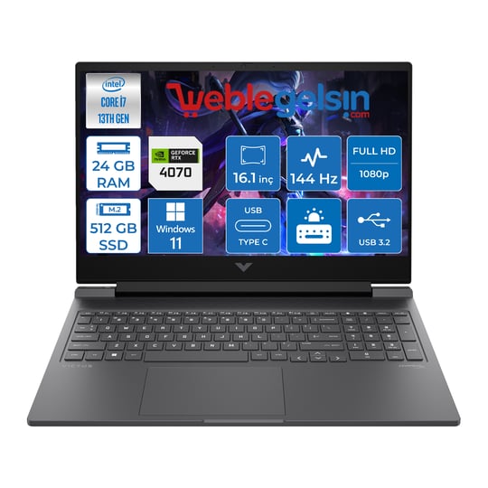 Hp Victus Gaming Laptop 16-R0071NT Intel I7 13700H 24GB DDR5 512GB SSD 8GB/RTX4070 Windows 11 Home 16.1