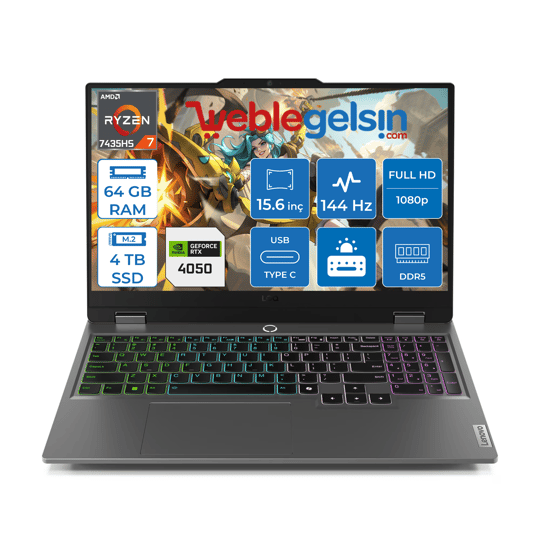 Lenovo Loq 15ARP9 Amd Ryzen 7 7435HS DDR5 64GB 4TB SSD RTX4050-6GB 300NITS 15.6
