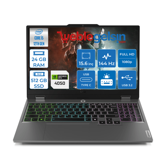 Lenovo Loq Intel Core I5 12450HX 24GB 512GB SSD RTX4050 6GB 105W Freedos 144HZ 300NİTS 15.6