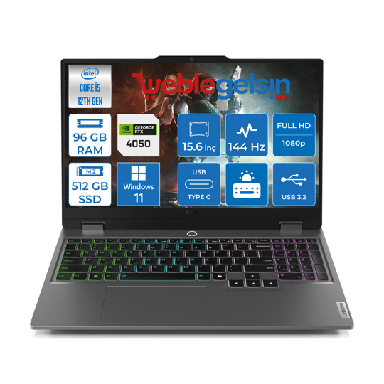 Lenovo Loq Intel Core I5 12450HX 96GB 512GB SSD RTX4050 6GB 105W Windows 11 Home 144HZ 300NİTS 15.6