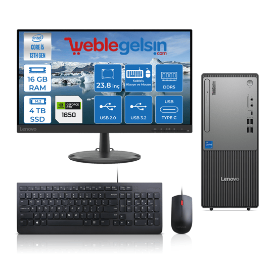 Lenovo Thinkcentre Neo 50T Gen 5 Intel Core I5 13400 16GB DDR5 4TB SSD 4GB/GTX1650 23.8mon Freedos Masaüstü Blgisayar NEO12UB000ETRTXY10