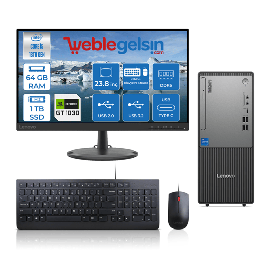 Lenovo Thinkcentre Neo 50T Gen 5 Intel Core I5 13400 64GB DDR5 1TB SSD 4GB/GT1030 23.8mon Freedos Masaüstü Blgisayar NEO12UB000ETRN23