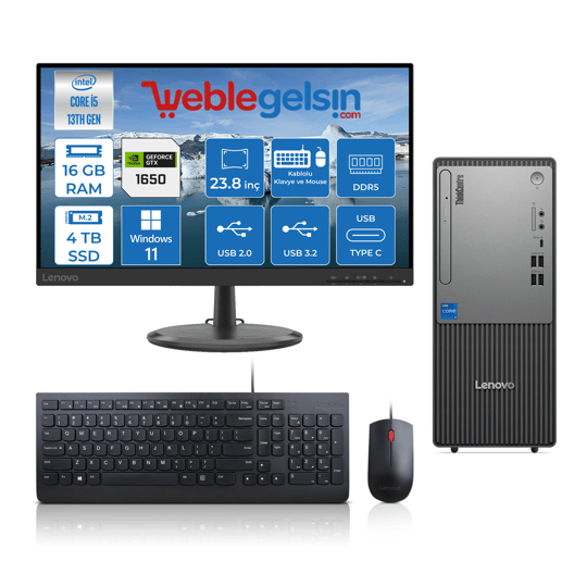Lenovo Thinkcentre Neo 50T Gen 5 Intel Core I5 13400 16GB DDR5 4TB SSD 4GB/GTX1650 23.8mon Windows 11 Pro Masaüstü Blgisayar NEO12UB000ETRTXYW10