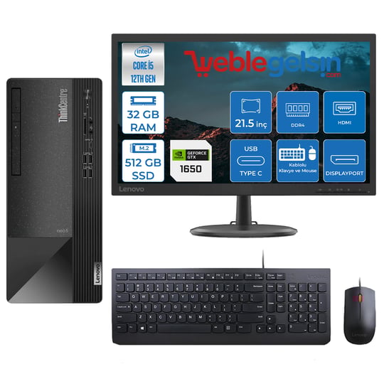 Lenovo Thinkcentre Neo 50T Intel Core i5 12400 32GB 512GB SSD 4GB GTX1650 Freedos 21.5 inç Masaüstü Bilgisayar 11SE00MJTXGGMF04