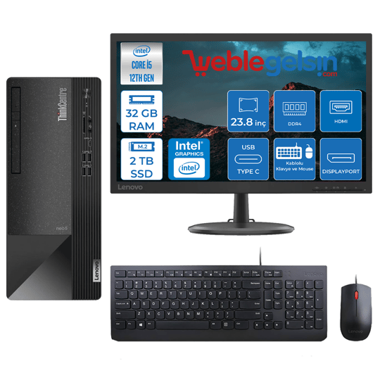 Lenovo Thinkcentre Neo 50T Intel Core i5 12400 32GB 2TB SSD Freedos 23.8 inç Masaüstü Bilgisayar 11SE00MJTXMF06