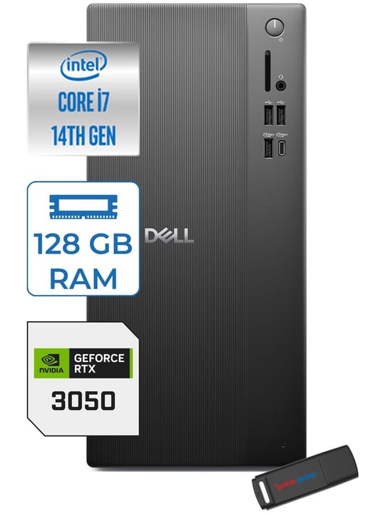 DellMasaüstü BilgisayarDell Tower Essential QVT1260 Intel® Core™ İ7-14700 128GB DDR5 4TB SSD 6GB/RTX3050 Freedos Mini Tower Masaüstü Bilgisayar BTO01400723F40
