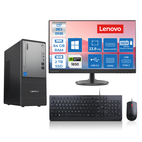 LenovoMasaüstü BilgisayarLenovo Thinkcentre Neo 50T Gen 5 Intel Core I5 13400 64GB DDR5 2TB SSD 4GB/GTX1650 23.8