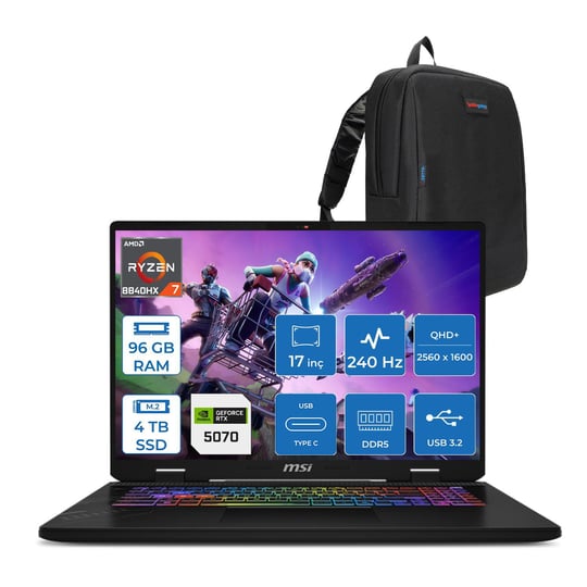 Msı Crosshair A17 Hx Amd Ryzen 7 8840HX 96GB DDR5 4TB SSD 8GB/RTX5070/115W 17” Qhd+ (2560X1600) 240Hz IPS Freedos Taşınabilir Bilgisayar D8WGKGF24