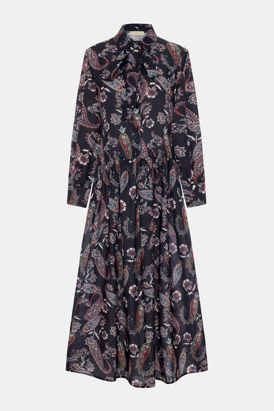 Paisley %100 Keten Siyah Elbise