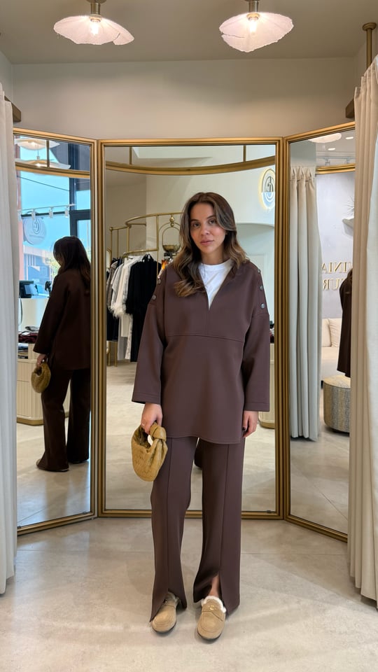 Acı Kahve Neopren Düğmeli Sweatshirt