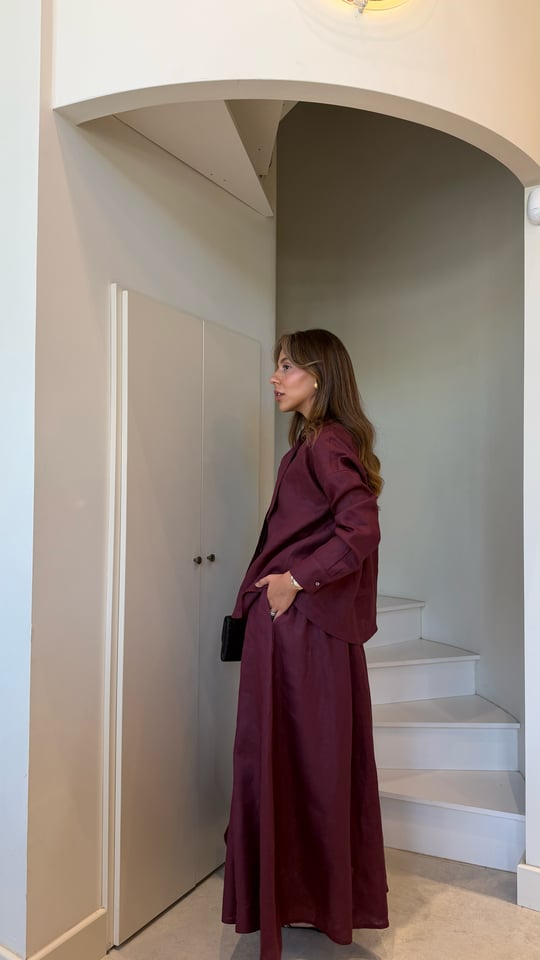 Marvy Bordo %100 Keten Kısa Gömlek 