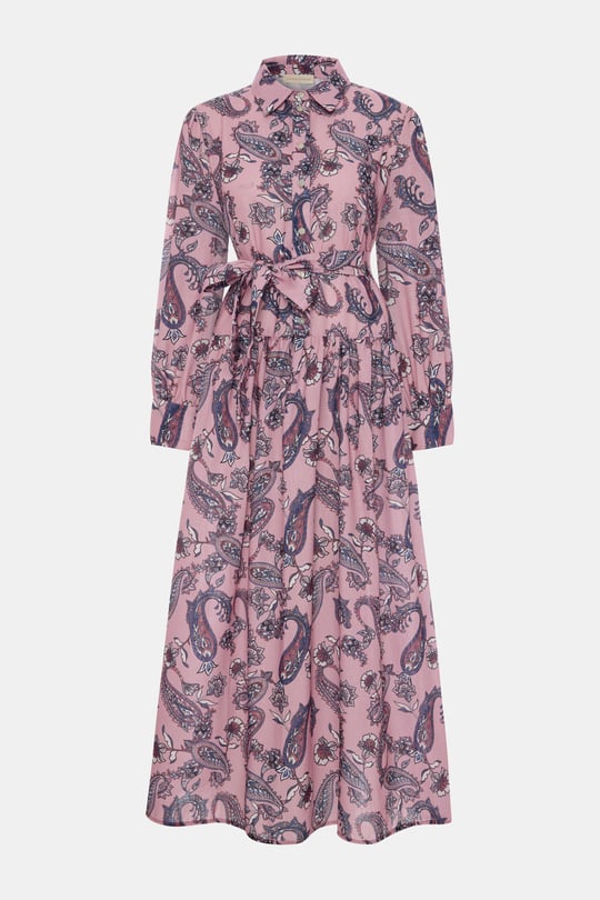 Paisley %100 Keten Pembe Elbise