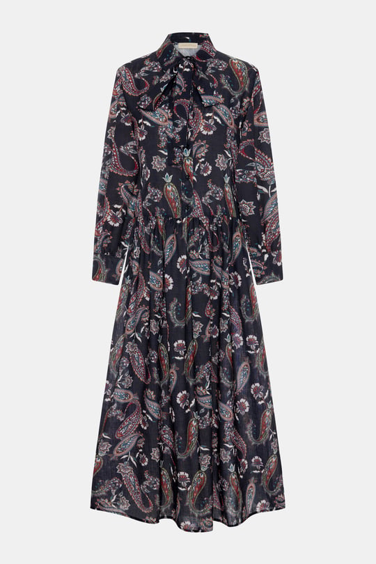 Paisley %100 Keten Siyah Elbise
