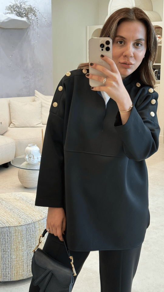 Siyah Neopren Düğmeli Sweatshirt