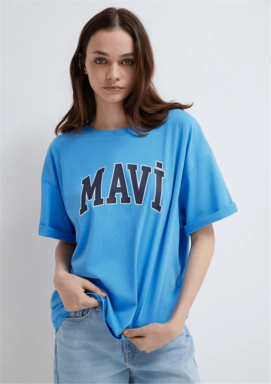 Mavı M1600843-82625 Koyu Lavıcert Kadın Oversıze Mavı Baskılı T-Shırt