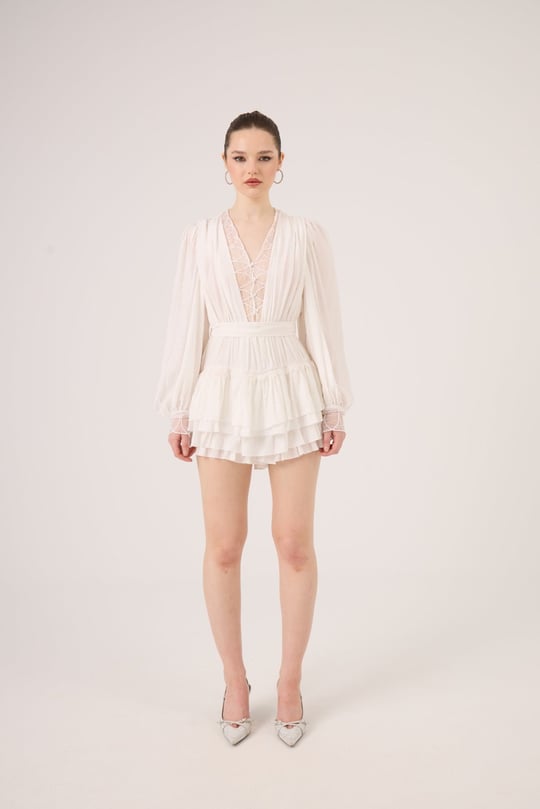 Olanna Dress with Lace Details and Ruffles, White
