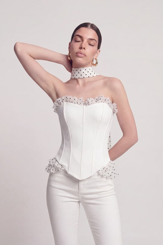  Polka Dot Ruffle and Shawl Detail Corset Una Bustier White