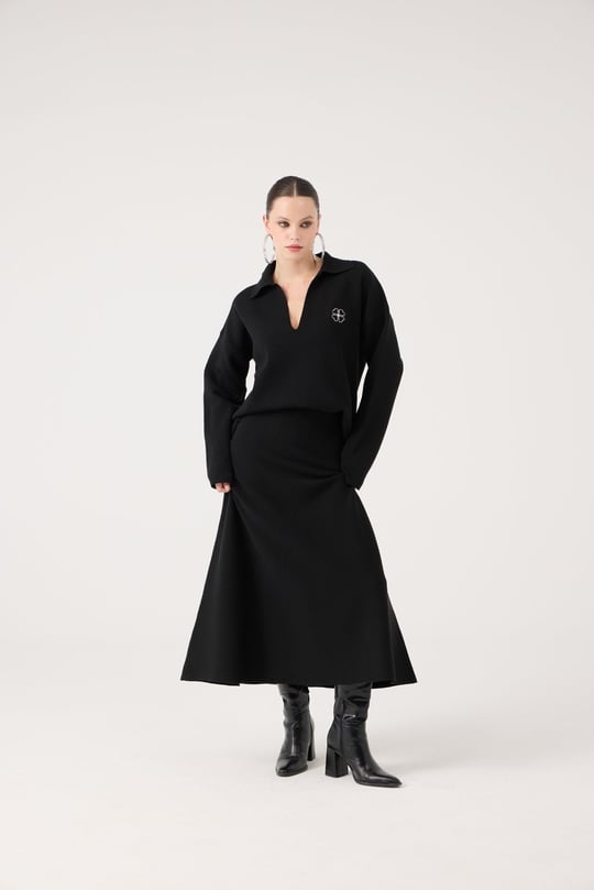 Oversize Kesim Polo Yaka Zoi Triko Kazak Siyah