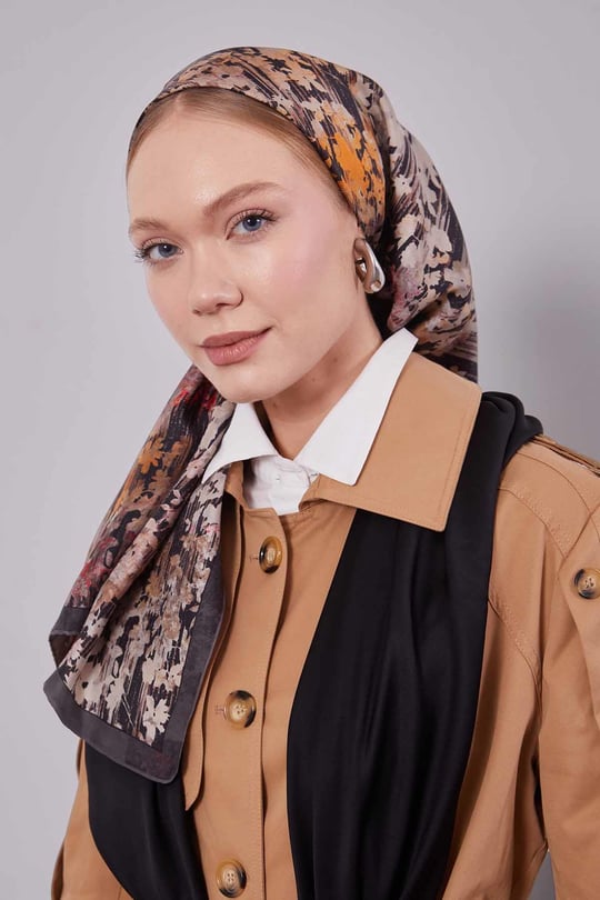 Çiçekli Soyut Desen Twill İpek Eşarp Füme